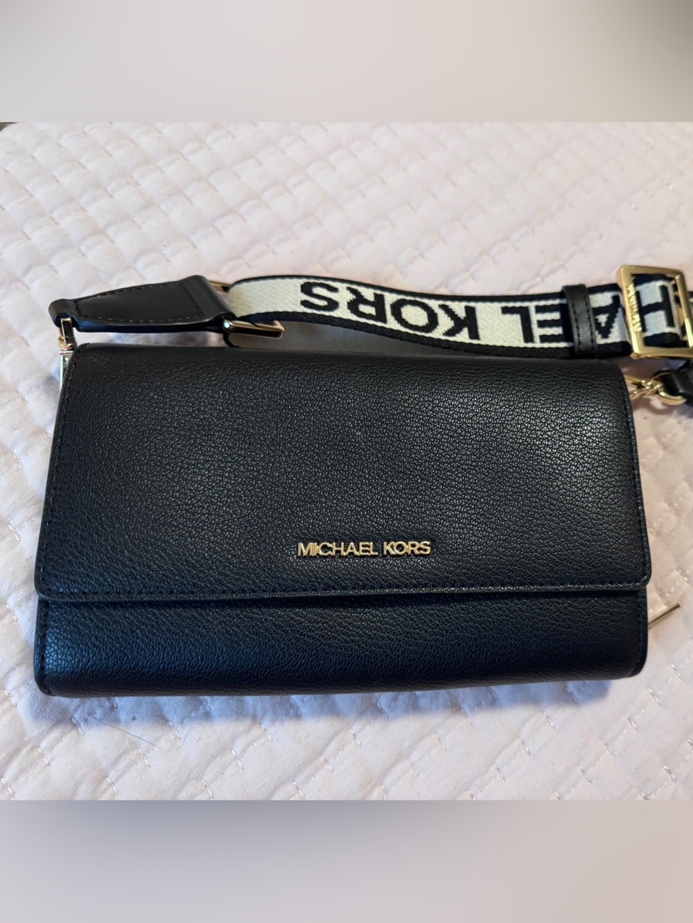 Michael Kors Black Leather Belt Bag with Branded White Strap